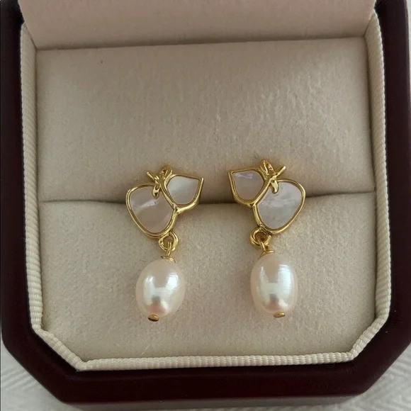 Gold Enamel & Mother of Pearl Earrings - Picture 1 of 7